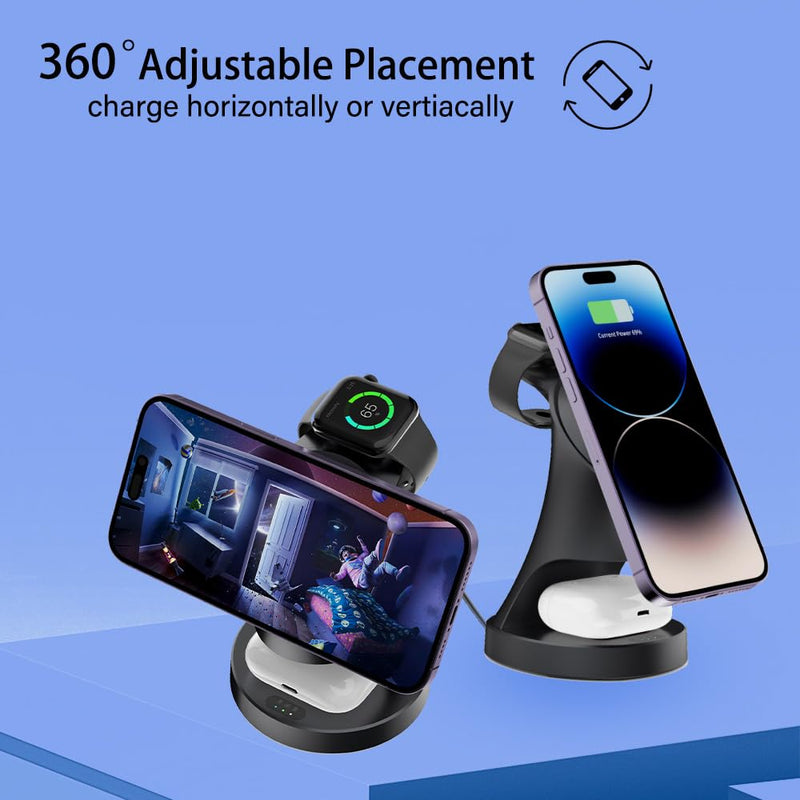 Wireless Charger,3 in 1 Magnetic Wireless Charger Stand, Fast Wireless Charging Dock for iPhone16/15/14/13/12 Series, Apple Watch Series, AirPods Pro. Black