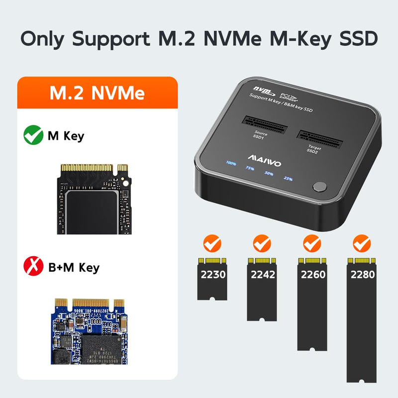 MAIWO NVMe Cloner M.2 Duplicator for PCIe NVMe M Key SSD, USB C to SSD Adapter, Dual Bay Hard Drive Docking Station Reader with UASP, 20Gbps USB C&A Cables, 5V 3A Power