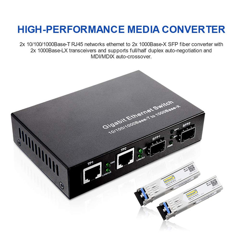 Gigabit Ethernet Media Converter, Singlemode Dual LC, 1.25Gb/s 2X 10/100/1000Base-T RJ45 Networks Ethernet to 2X 1000Base-X SFP Fiber Converter with 2X Gigabit SFP 1000Base-LX Transceiver 4 Port | 2x SFP - 20km slot
