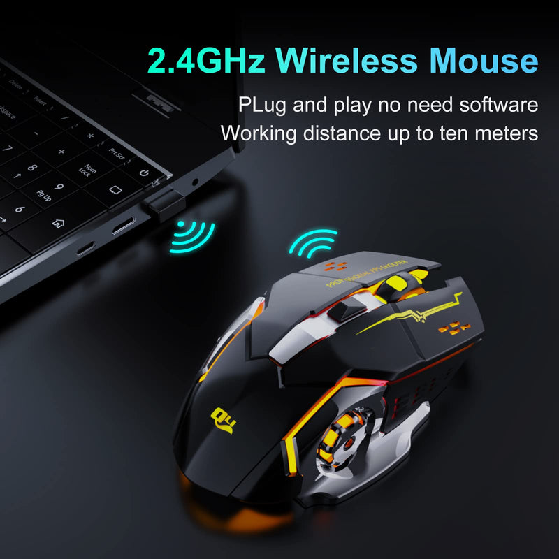 QELIROKY QV13 New 2.4G Wireless Rechargeable Gaming Mouse Silent Click with 6 Buttons, 3 Adjustable Levels DPI , Colorful LED Lights for Laptop, iPad, MacOS, PC, Windows, Android (Black)