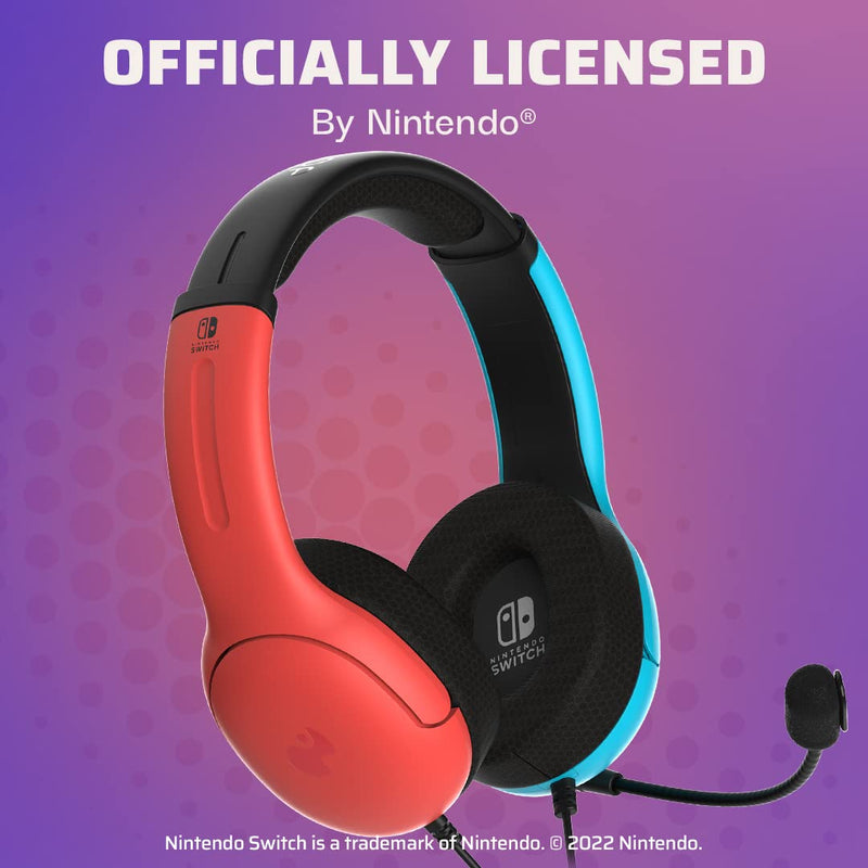 PDP Gaming LVL40 Airlite Stereo Headset for Nintendo Switch/Lite/OLED - Wired Power Noise Cancelling Microphone, Lightweight Soft Comfort On Ear Headphones (Mario Neon - Red & Blue) Blue & Red