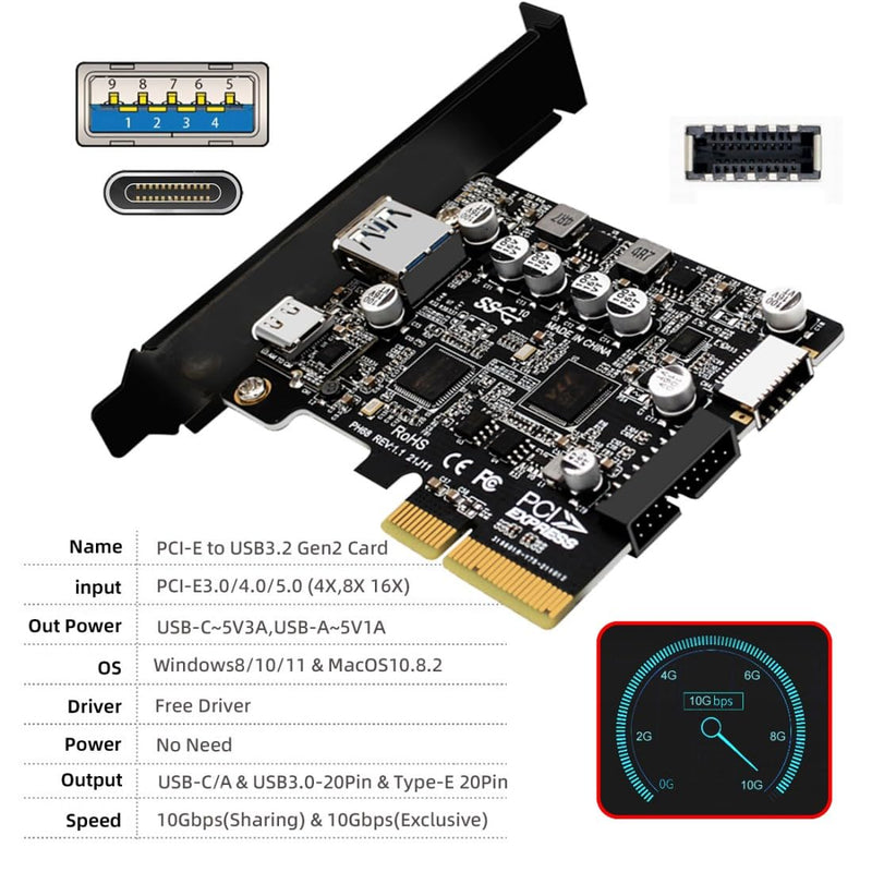 chenyang 4 Port PCI-E 4X to USB A/USB C/USB 3.0 20Pin/USB 3.1 Front Panel Socket USB 3.1 Gen2 PCI Express Expansion Card Adapter with ASM3142 VL822 Dual Chipset 4 Port USB 3.0/USB C/USB 20Pin/USB 3.1