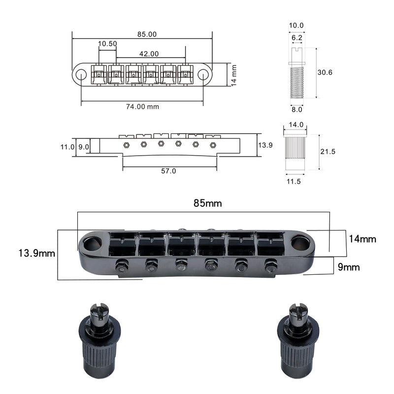 Black Tune-O-Matic Guitar Bridge and Stop Bar Tailpiece Combo M8 Metric Thread 6 String Fixed Bridge Compatible with Les Paul LP SG Style Electric Guitar Replacement Parts Black