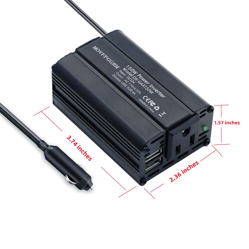 [AUSTRALIA] - 150W Power Inverter 12V DC to 110V AC Car Plug Adapter Outlet Converter with 2.4A Dual USB AC car Charger for Laptop Computer Black 