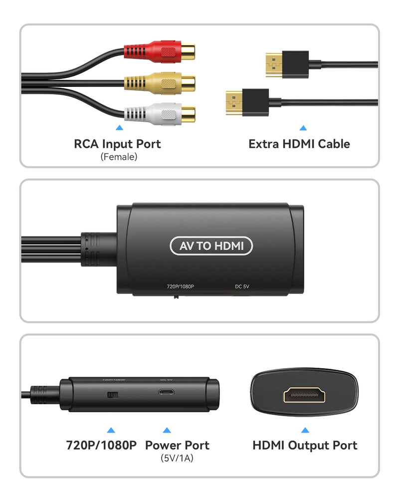ABLEWE RCA to HDMI Converter, AV to HDMI Adapter, Composite to HDMI Adapter Support 1080P, PAL/NTSC Compatible with WII WII U/PS one PS2/PS3 STB Xbox VHS VCR Blue-Ray DVD ect.
