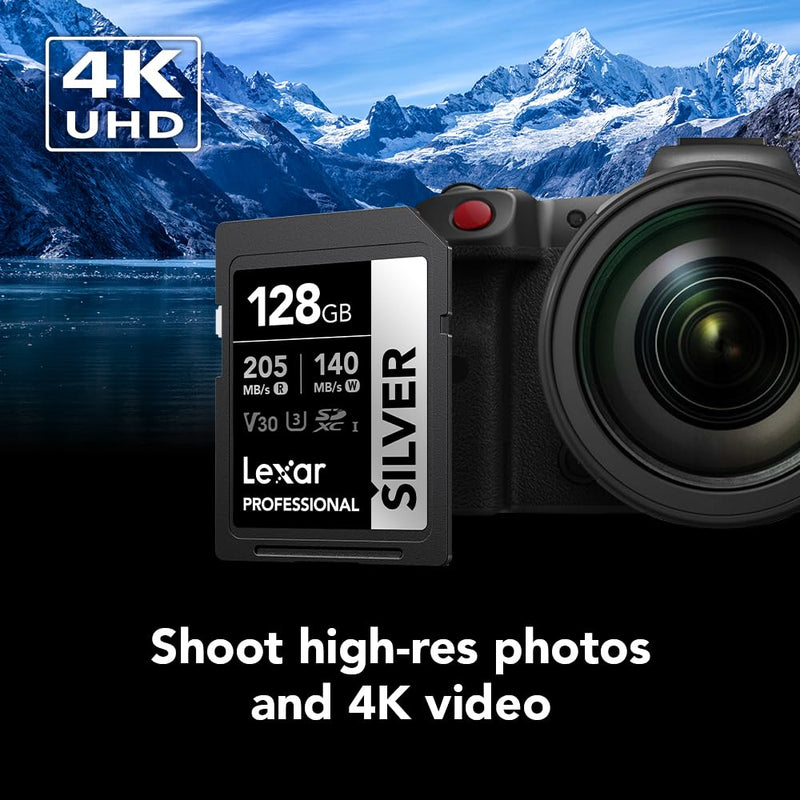 Lexar 128GB Professional Silver SDXC Memory Card, UHS-I, C10, U3, V30, 4K Video, Up to 205/140 MB/s Read/Write, for Professional Photographer, Videographer, Enthusiast (LSDSILV128G-BNNNU)