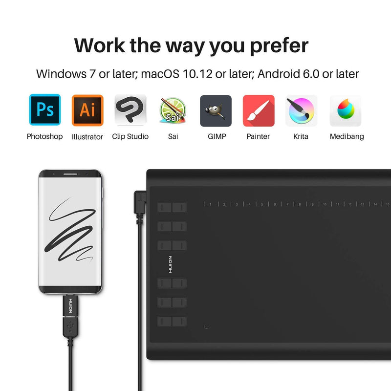Huion Inspiroy H1060P Graphics Drawing Tablet with 2 PCS Digital Pen PW100, OTG Adapter Included
