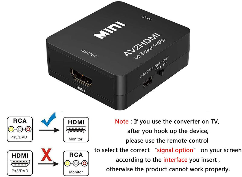 RCA to HDMI Converter, 1080P RCA Composite CVBS AV to HDMI Video Audio Converter Adapter Compatible with N64 Wii PS2 Xbox VHS VCR Camera DVD, Support PAL/NTSC with USB Power Cable