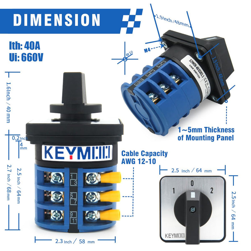 [AUSTRALIA] - 40A Rotary Changeover Switch With Exterior Box, 3 Position 3 Phase 12 Terminals, Universal Selector With AWG 12-10 Yellow Terminals, Cam Box IP65 40/D303.3D 