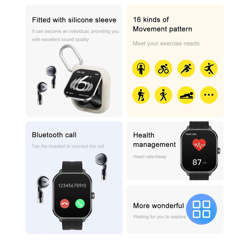 Smart Watch with Earbuds,2 in 1 Build-in TWS Wireless BT5.0 Earphone Fitness Sports Health Monitor Black D8 pro