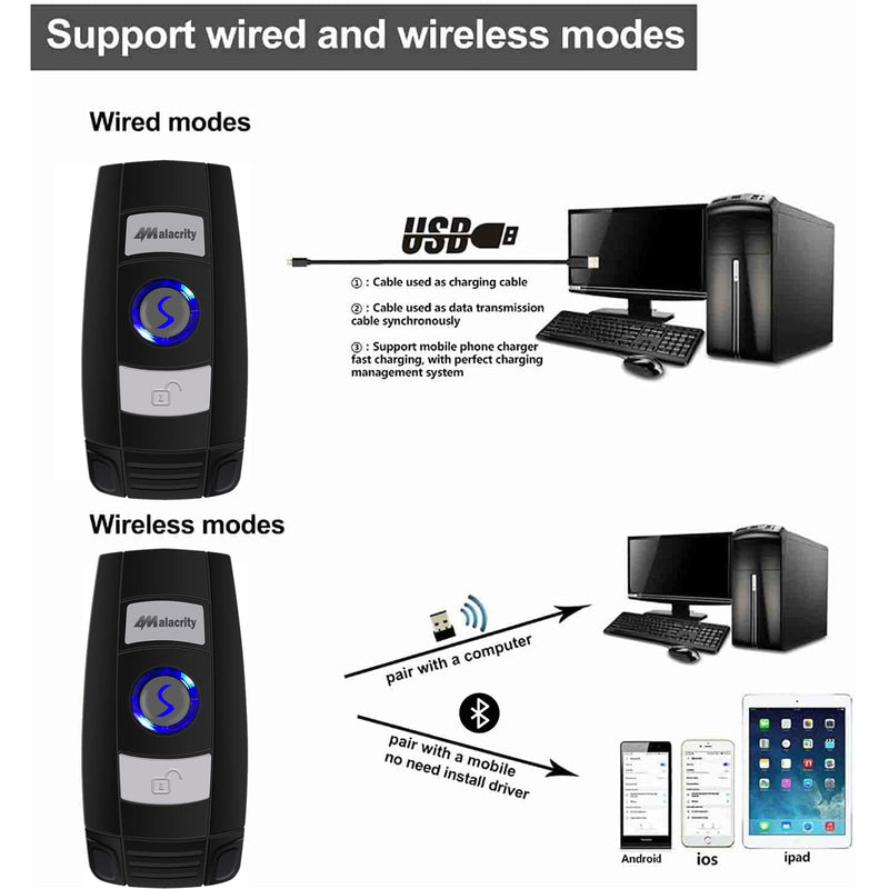 Alacrity Bluetooth Barcode Scanner, Portable Mini 1D Handheld Barcode Scanner 3-in-1 Bar Code Reader Scanner Scanning Work with Windows, Android, iOS, Tablets or Computers Able to Scan Codes on Screen 1D CCD Bluetooth Wireless Portable Scanner