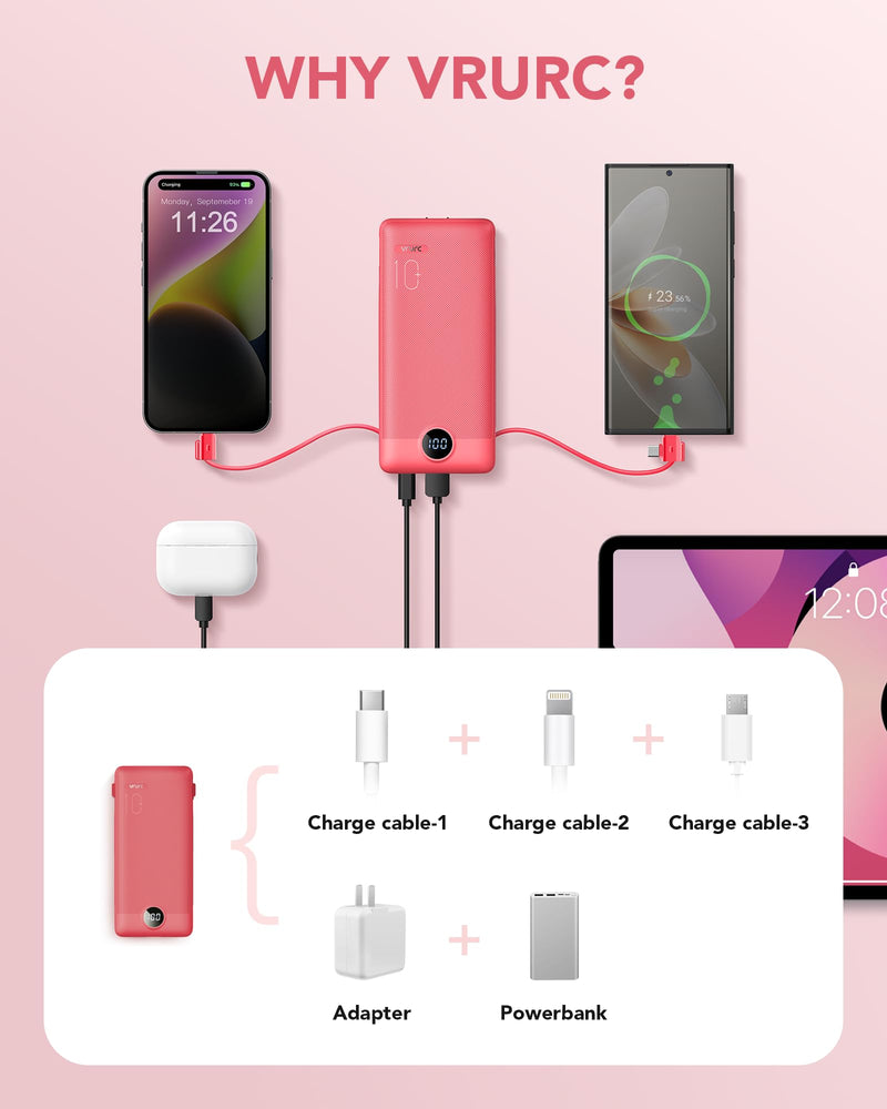 VRURC Portable Charger Built-in Cables and AC Wall Plug, USB C Power Bank 10000mAh, [2023 Upgraded Version] Phone Charger Compact Lightweight External Battery Pack for Smart Phones, Tablets etc-Red Red