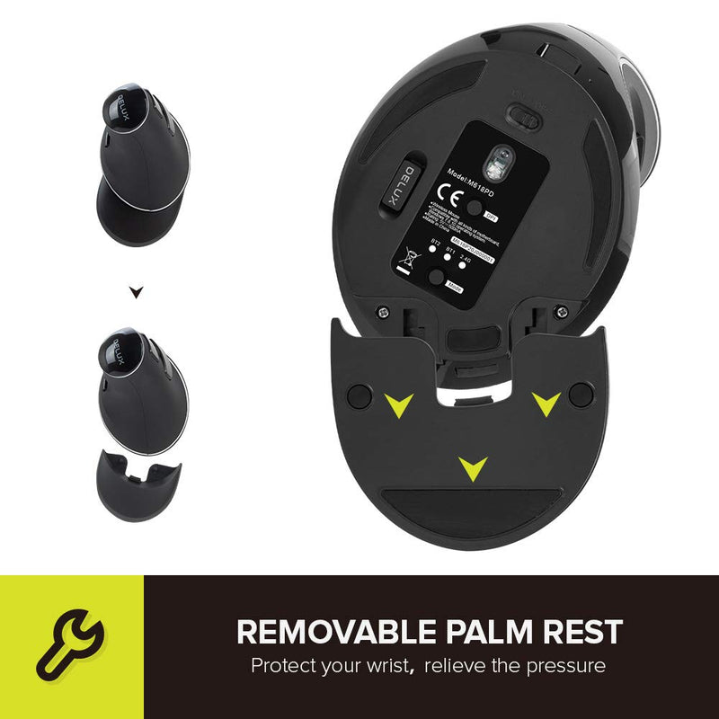 DELUX Wireless Ergonomic Mouse with 4000DPI, Vertical Mouse with USB Receiver and BT1 + BT2, 6 Buttons and Removable Palm Rest for Laptop Computer and Carpal Tunnel (M618PD-Black)