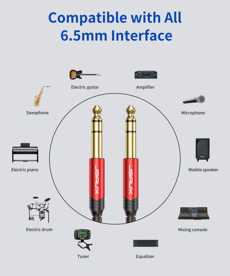 JSAUX 1/4 Inch Cable Guitar Cable 10FT, Instrument Cable 6.35mm (1/4) TRS to 6.35mm (1/4) TRS Stereo Audio Cable Male to Male Straight-to-Straight for Electric Guitar, Bass, Mandolin - Red 3M Straight-Red