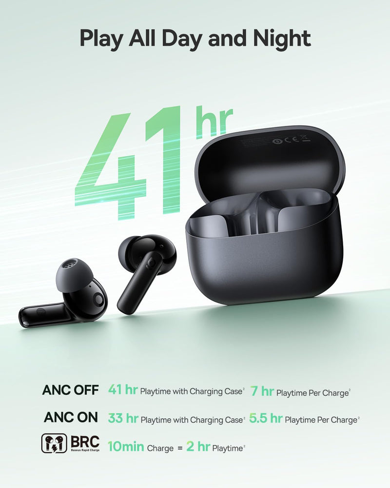Baseus Bass BP1 NC Hybrid Active Noise Cancelling Wireless Earbuds, 12mm Super-Bass Driver, 41H Playtime, Bluetooth 6.0, IP55 Waterproof, 4-Mic AI ENC, 24 Customizable EQ Black
