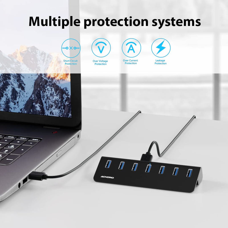 Achoro 7 Ports Powered USB HUB – 2nd Generation 10GB Super Speed External USB Port – USB 3.2 Aluminium USB Hub for Computer, Mac, PCs, Smartphone & Tablets – Computer Multiple USB Hub (Powered Black) POWERED BLACK
