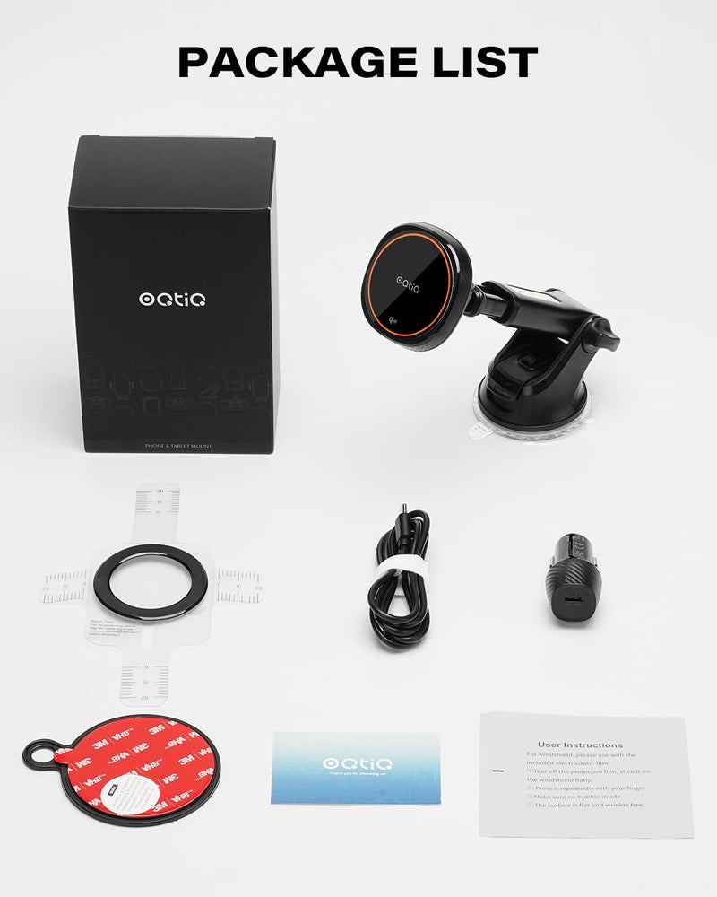 OQTIQ for Magnetic Car Mount Charger- QI2 15W Fast Wireless Charging | Strong Magnetic Grip, Built-in Cooling Fan, Suction Cup & Vent Mount [PD 30W Adaptor Included] Orange - QI2 15W Version