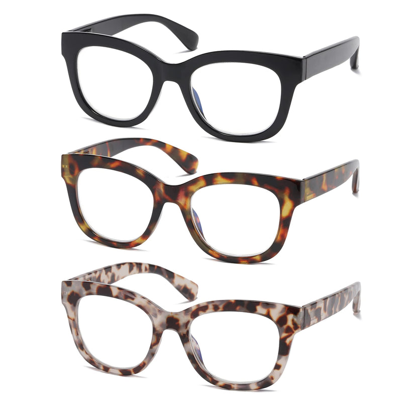 Oversized Reading Glasses for Women,3 Pack Blue Light Blocking Computer Spring hinge Readers Black&leopard&grey Leopard 1.5 x