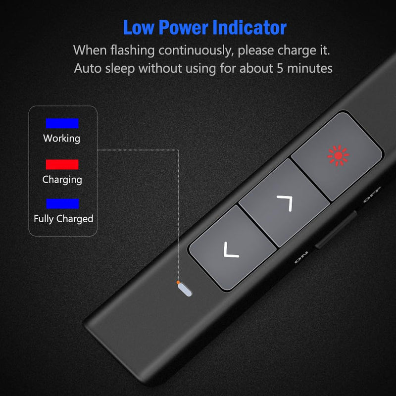 DinoFire Rechargeable Presentation Clicker, 100FT Long Range USB Wireless Presenter Remote Pointer for Presentations, Slide Advancer for Mac, Laptop, Computer Rechargeable+Red