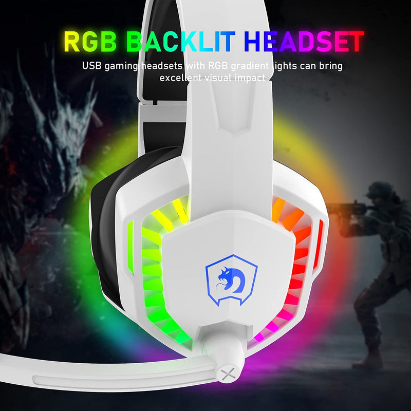 Wired Gaming Headset with Rainbow RGB Backlight Retractable Noise Isolating Microphone Stereo Sound Deep Bass Memory Foam Earmuff Over Ear Headphone for PS4 Xbox One Switch PC Mac Gamer Music (White) White
