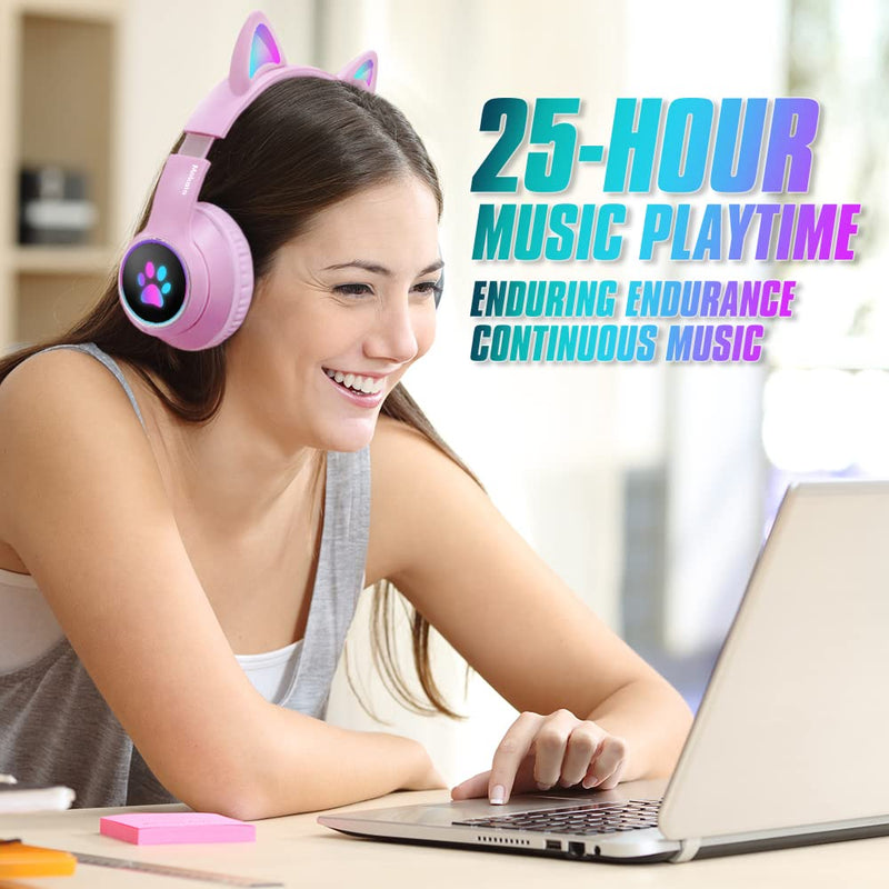 Mokata Gaming Bluetooth 5.0 Wireless Headphones Over Ear Cat LED Light Foldable Music Headset with AUX 3.5mm Microphone (Built-in) for Adult & Kids PC TV Game Music Pad Laptop Cellphone Pink Bluetooth Wireless