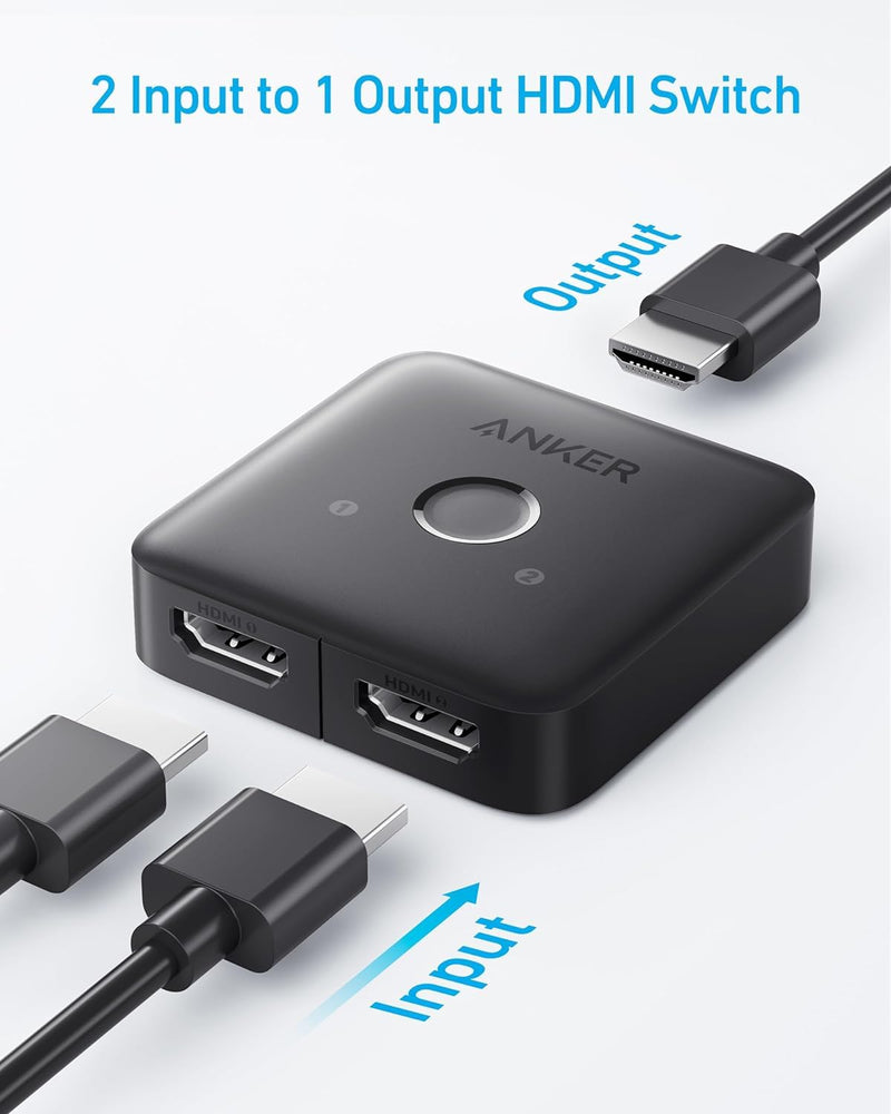 Anker HDMI Switch, 4K@60Hz Bi-Directional HDMI Switcher, 2 in 1 Out with Smooth Finish, Supports HDR, 3D, Dolby, Compatible with Laptops, PC, Xbox Series, PS5 / PS4, Projector, and More 2-in-1