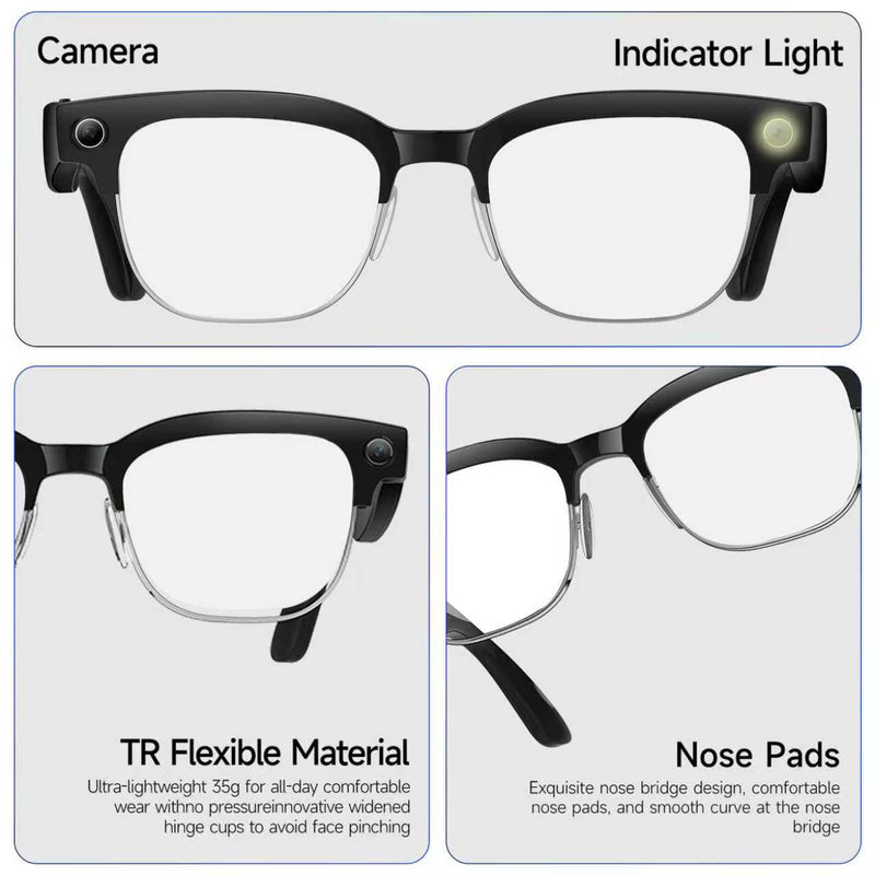 Yowow BIT AI Smart Camera Glasses with HD 8MP Camera, 4K Photos & 1080P Video,Anti-Shake, 12H Music/Bluetooth Calls, Real-time Translation/GPT Object Recognition, IP66 Waterproof, Blue Light Glasses