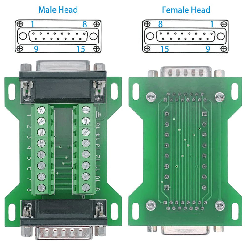 2Pcs DB15 Male to Female Terminal Breakout Board, RS232 D-SUB Serial to 15pin Port Terminal Block Gender Changer Connector (Pack of 2) DB15 Male to Female(2PCS) (Pack of 2)
