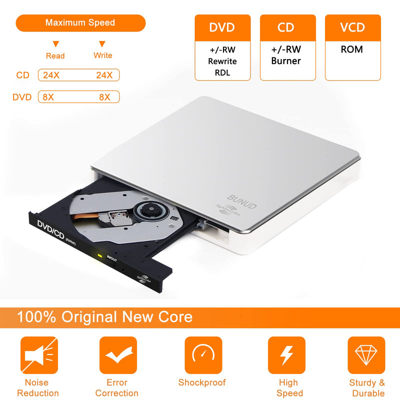 External CD DVD Drive LightScribe CD/DVD +/-RW Burner Player Writer Optical Disk Reader Portable CD DVD Drive for Laptop Mac MacBook PC Windows 11 10 Linux OS Silver