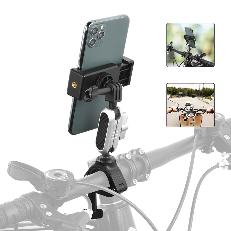 UTEBIT Camera Bike Mount Clamp with 360°Dual Ballhead Rotation,Bicycle Handlebar Clamp Mount Motorcycle Bracket Handlebar with Action Camera Mount Adapter, Compatible with GO PRO/Action Cameras/Phone