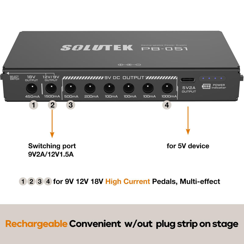 [AUSTRALIA] - Rechargeable Guitar Pedal Power Supply | 12800 High-Current 2000mA 9V 12V 18V 5V for Pedal Board and More Devices | Compact Convenient Quiet Powerful Model PB-051 