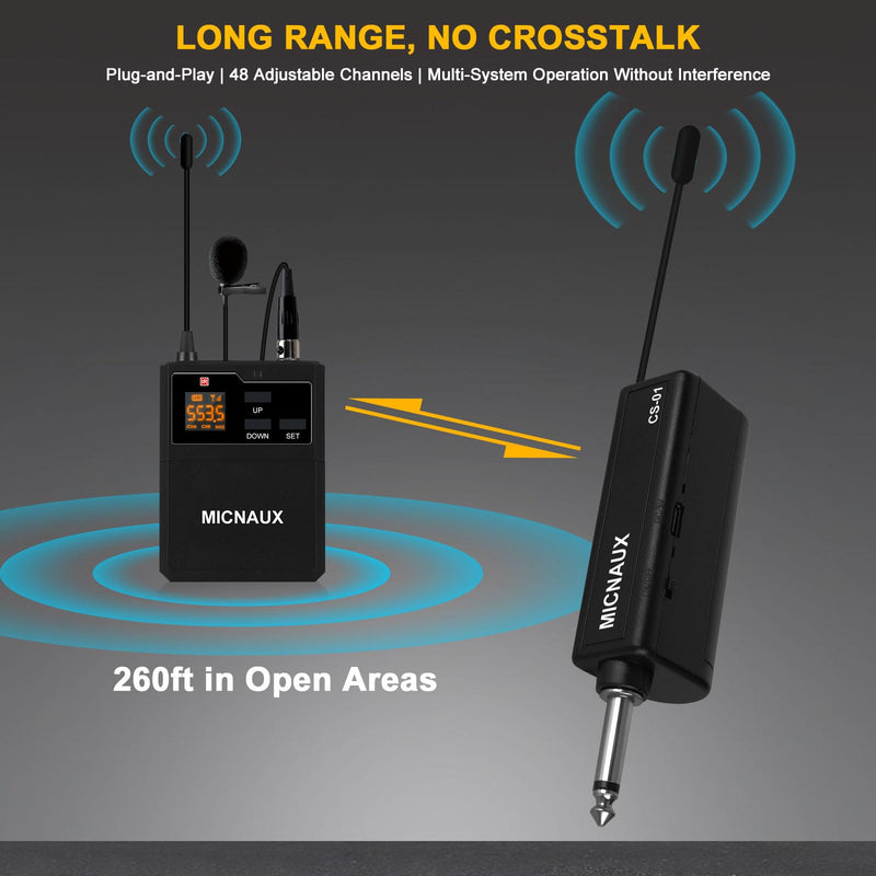 Wireless Lapel Microphone System with Headset & Lavalier Mics, UHF Bodypack Transmitters, Mini Rechargeable Receiver, 48 Channels in 500MHz, 260ft Range, Plug & Play for Wedding Speech Church BXMIC01