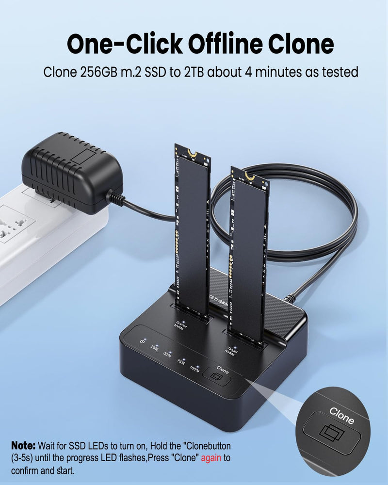 Dual Bay NVMe SSD Cloner & Duplicator - 20Gbps USB 3.2 Gen 2x2 M.2 Enclosure Dock, Tool-Free Offline Clone Reader/Adapter for PCIe NVMe SSDs (M-Key/B+M Key) Supports 2230 2242 2260 2280 22110