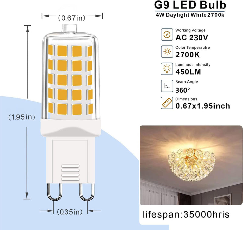 G9 LED Warm White Dimmable, 2700 K 230 V 4 W Replacement 40 W Halogen Bulb, T4 Light Bulb 450 lm for Indoor and Outdoor Decorating Lighting No Flickering Light Bulb Pack of 5