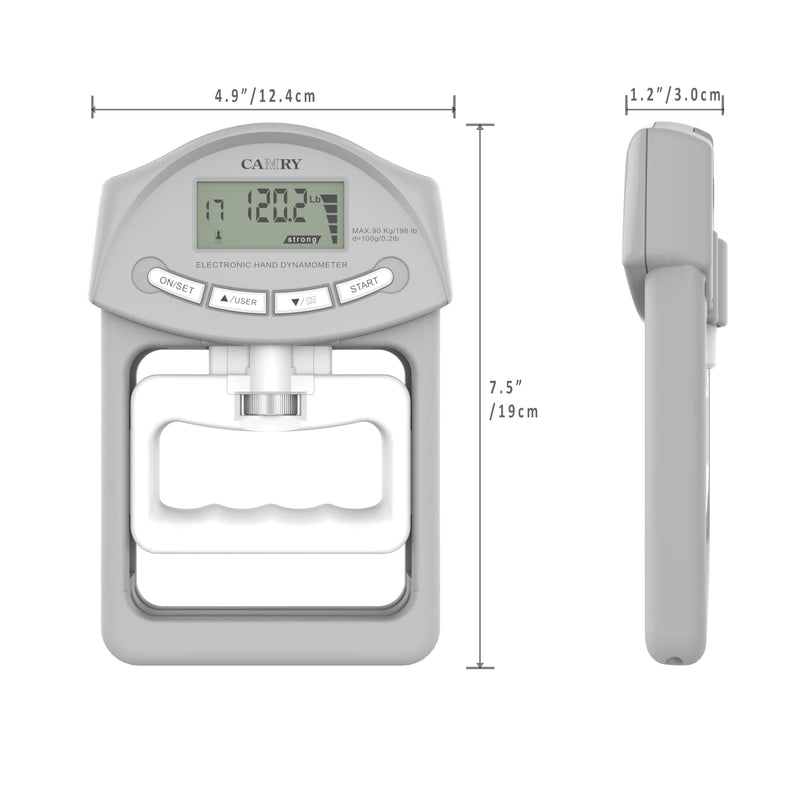 CAMRY Digital Hand Dynamometer Grip Strength Measurement Meter 198Lbs / 90Kgs Auto Capturing Electronic Hand Grip Power Grey & White