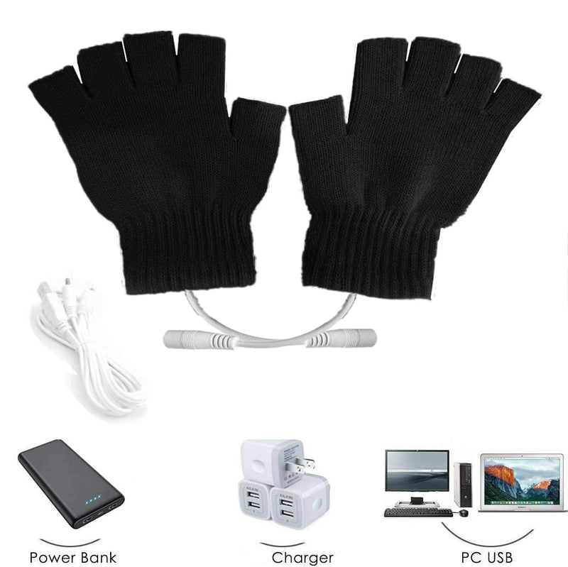 Kbinter USB 2.0 Powered Heating Pattern Knitting Cute Heated Gloves Fingerless Hands Warmer Mittens Laptop Computer 5.0V Warm Gloves for Women Men Girls Boys (Black)