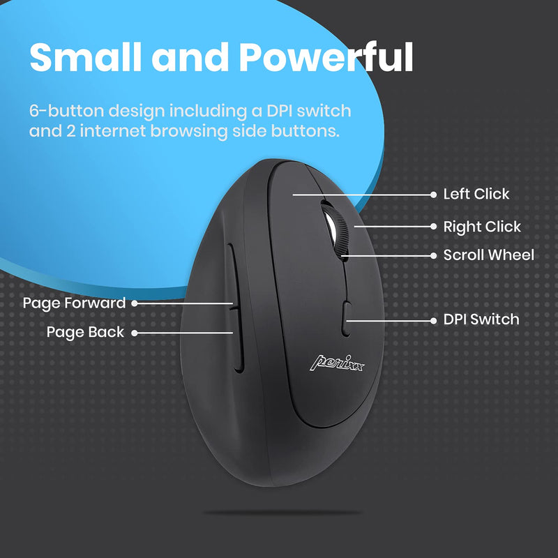 Perixx PERIMICE-719 Wireless 2.4 GHz Ergonomic Vertical Optical Mouse, Portable Mini Size, 3 Level DPI, Right Handed, Black