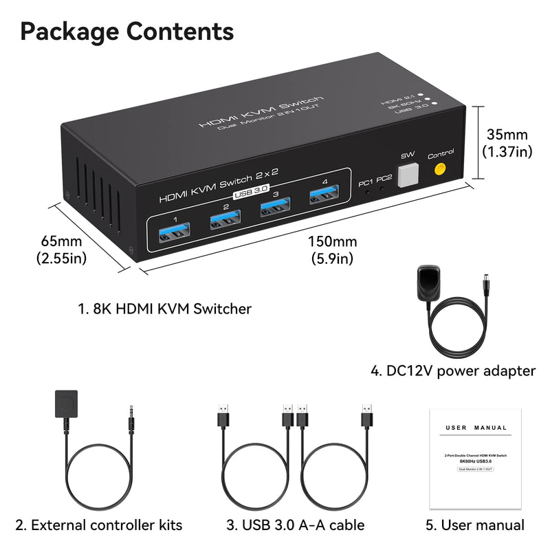 8K HDMI KVM Switch 2 Monitors 2 Computers Support 8K 60Hz 4K 120Hz KVM Switcher for Two PC Share Dual Monitors and 4 USB 3.0 Devices Support Copy and Extend Mode -3.6CM High 2PC 2 Monitors White-1