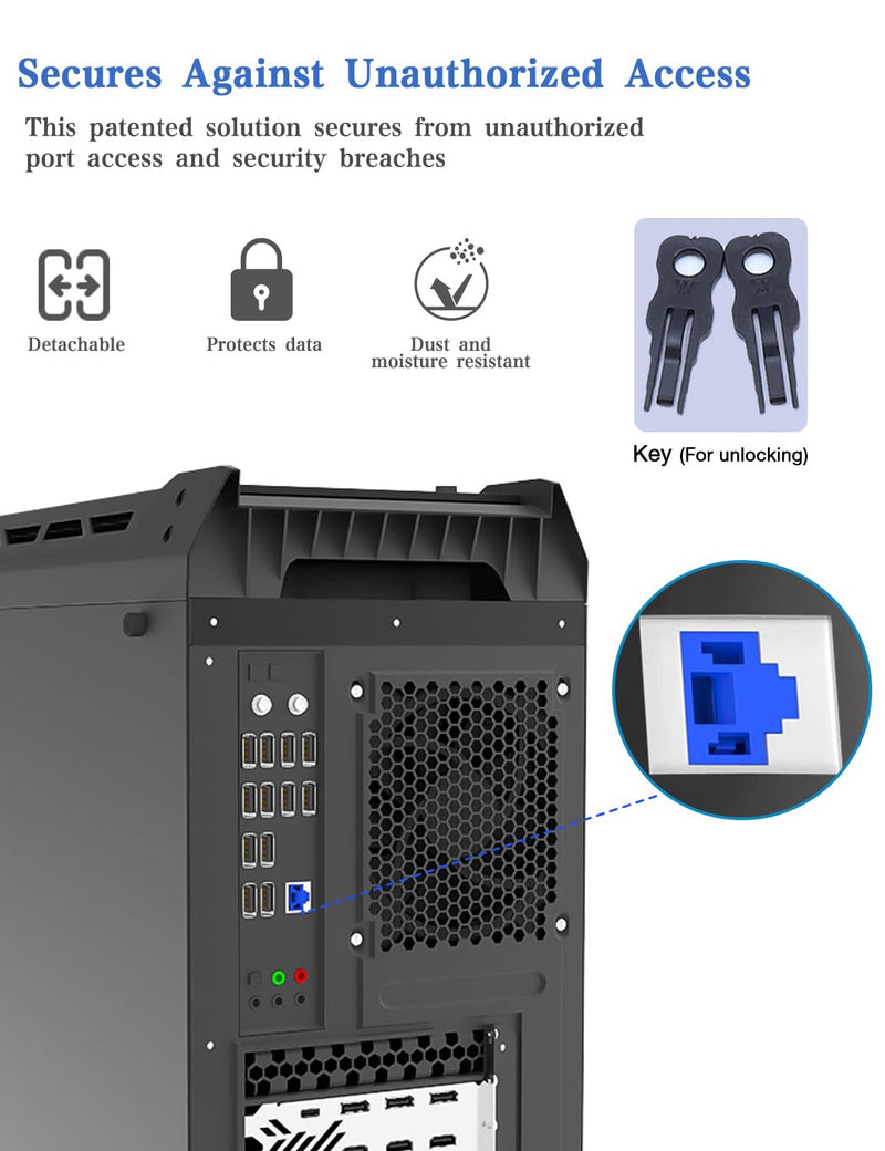 100Pcs RJ45 Port Lock with 10 Keys, ZoeRax Locking RJ45 Port/Dust Blocker, RJ45 Dust Cover Cap Female Port Plugs Protector (Blue) 100 Pack Blue