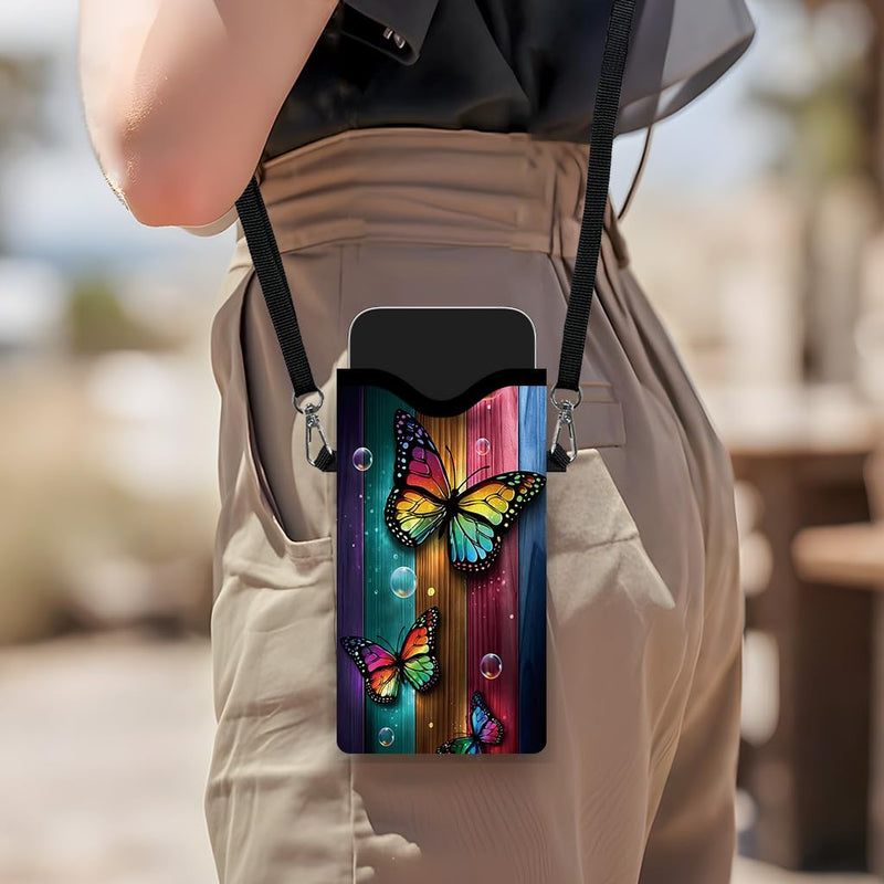2D Flat Butterfly Geometric Pattern Crossbody Pouch, Adjustable Strap Multicolor Unisex Wallet Bag with Card Slot and Key Holder, Lightweight Multifunctional Sling Purse for Daily Use,Polyester Print