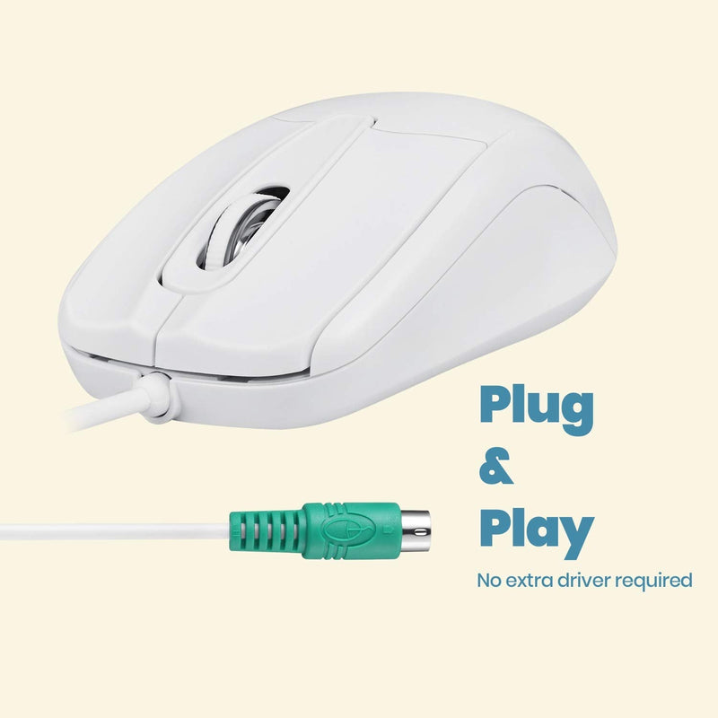 Perixx PERIMICE-209 P, Wired PS2 Optical Mouse with Scroll Wheel and 1000 DPI, White (11832) Ergo-White