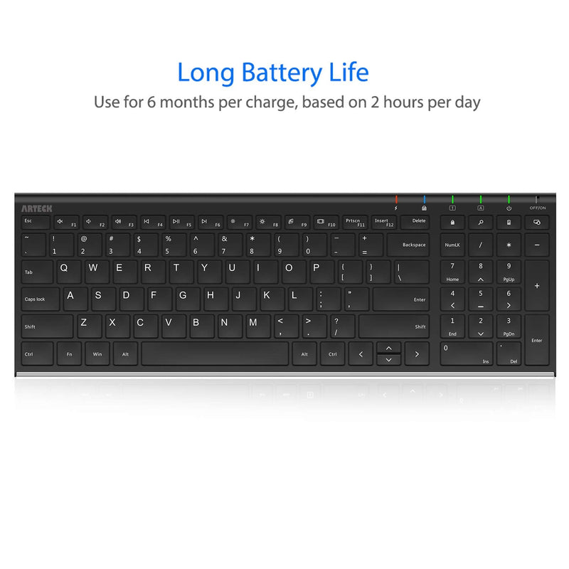 Arteck HW193 2.4G Wireless Keyboard Stainless Steel Ultra Slim Full Size Keyboard with Numeric Keypad for Computer/Desktop/PC/Laptop/Surface/Smart TV and Windows 11/10/8 Built in Rechargeable Battery