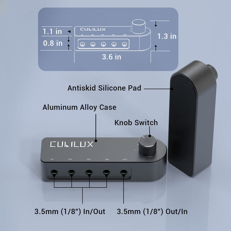 [AUSTRALIA] - Cubilux Bidirectional 3.5mm Audio Switcher (1-in to 4-Out / 4-in to 1-Out), Stereo 1/8” Aux Selector Box for Speaker Headphones/Earphones, Audio Switch for Laptop Computer Smartphone Tablet 