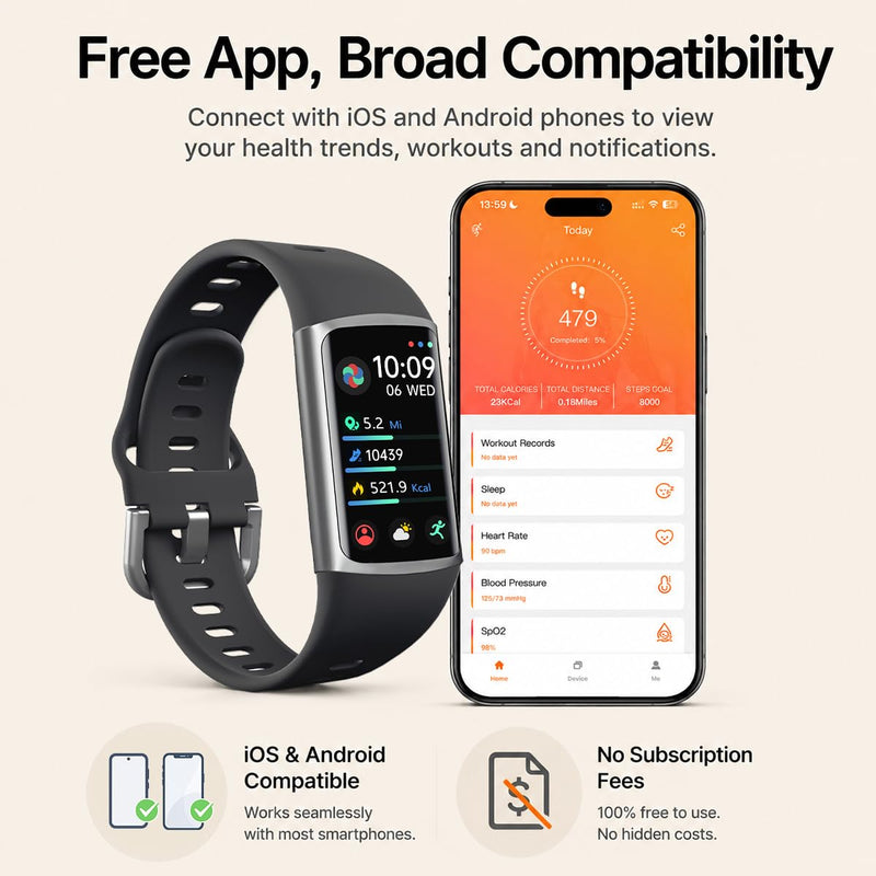 FITVII Slim Fitness Tracker for Women Men, Fitness Watch for Android iOS | 24/7 Heart Rate & Blood Pressure, Blood Oxygen, Sleep Monitor, IP68 Waterproof Activity Trackers with Calories Step Counter Black