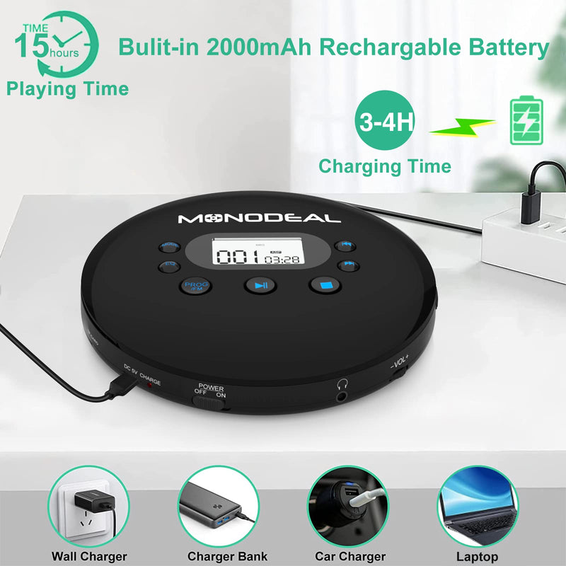 CD Player Portable, MONODEAL Portable CD Player with FM Transmitter, Rechargeable Player for Car for Home Travel with Anti-Skip Protection Compact Player with Headphones