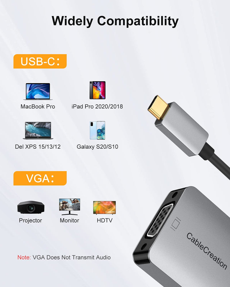 USB C to VGA Adapter, CableCreation Type C to VGA 1080P@60Hz Dongle, Compatible with MacBook Pro 2020, iPad Pro 2020, Surface Book 2, Pixel, XPS 15, Calaxy S20 S10, G5 Aluminum