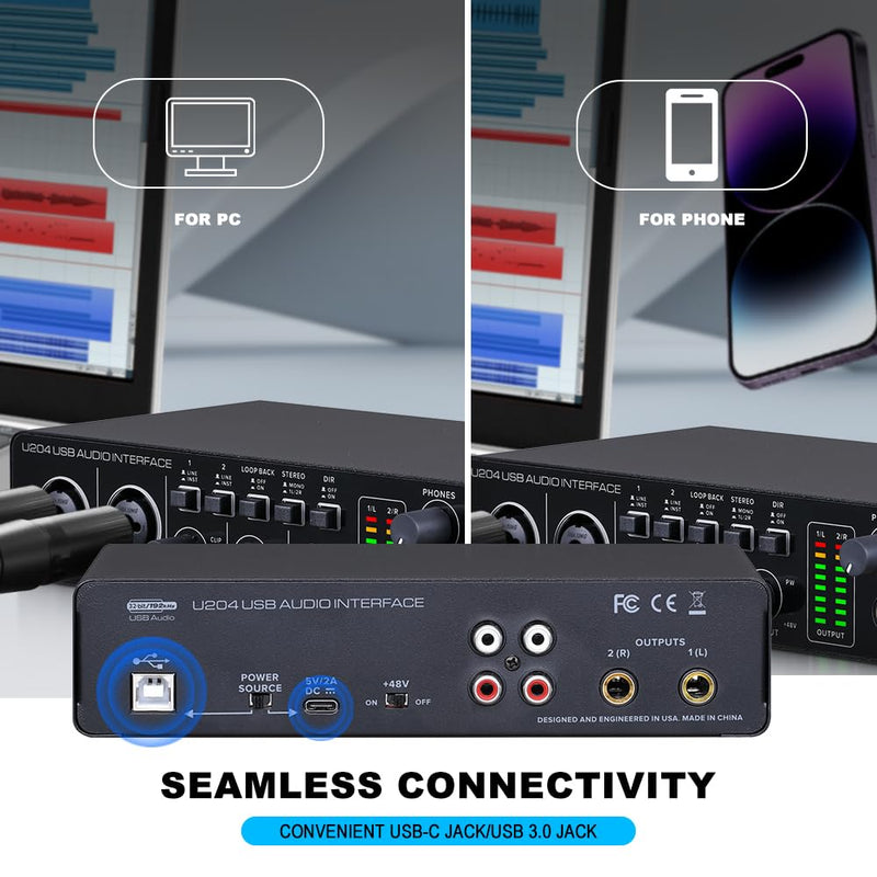 BOMGE U204 USB Audio Interface for PC Computer Recording Music, 2x2 Guitar Audio Interface for Mac 32Bit/192kHz Podcasting Streaming for Vocalist Producer with 48V Phantom