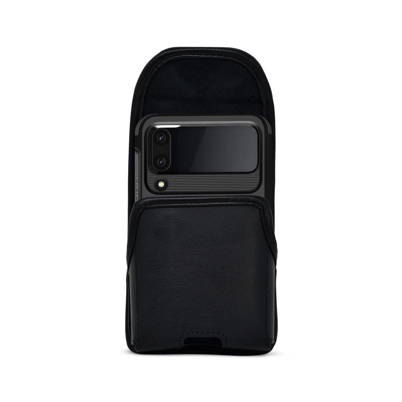 Turtleback Holster Designed for Galaxy Z Flip6 Flip 5 and 4 with Bulky Fit Case, Vertical Belt Case Black Leather Pouch with Executive Belt Clip, Black Leather Ver / Fix Clip Thick Fit