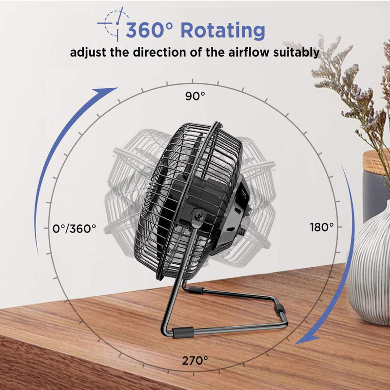 EasyAcc 6 Inch USB Desk Fan, [ Small Quiet Powerful Metal Fan ] USB Powered Portable Fan, Strong Airflow& 360°Rotation Personal Table Cooling Fan with 2 Speed - Black (USB POWERED ONLY) 6" USB Fan