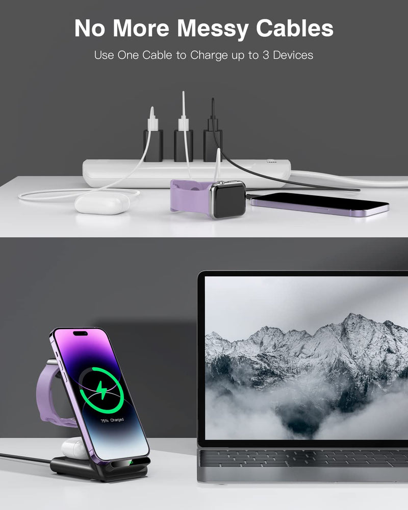 Wireless Charging Station,3 in 1 Wireless Charging Stand Made for Apple Watch Ultra 9 8 7 6 SE 5 4 3,Fast Wireless Charger Made for iPhone 15/Plus/Pro Max/14/13/12/11/X,for AirPods Pro(with Adapter) Black